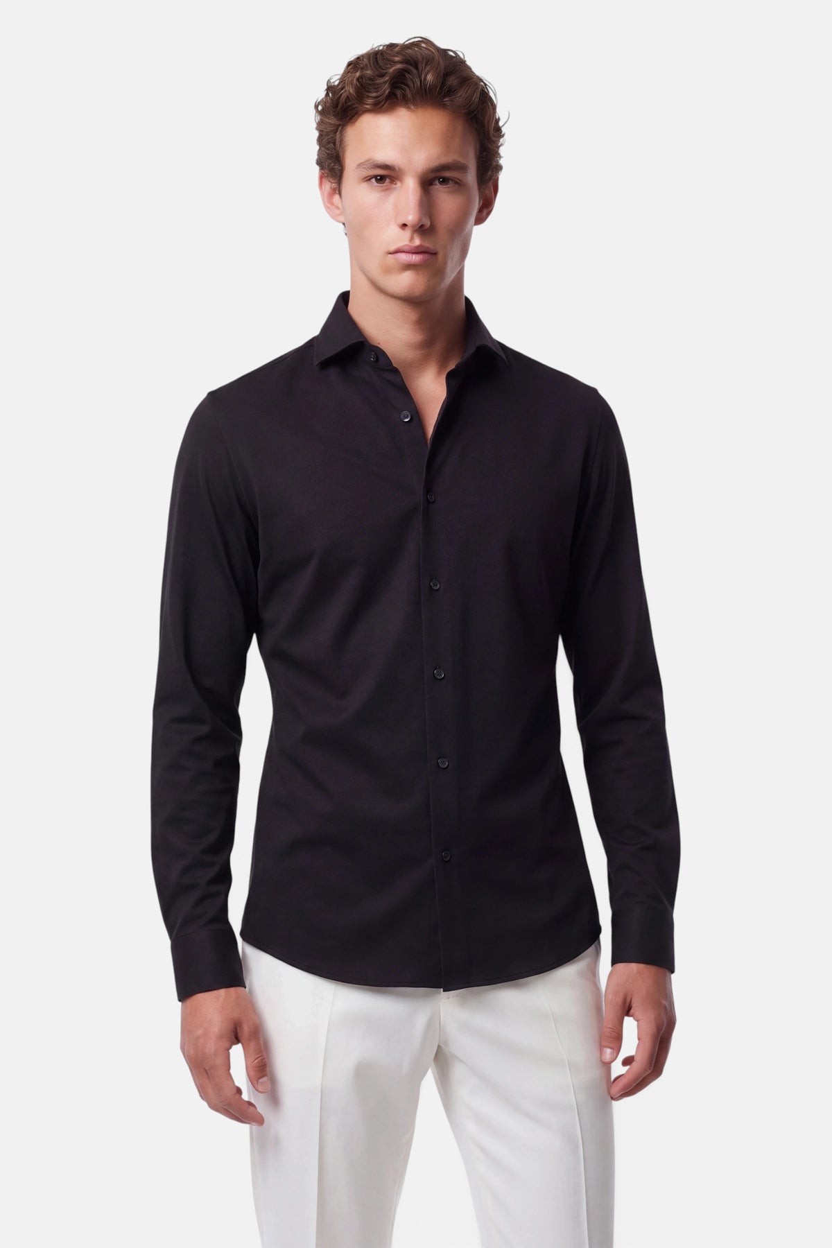 Vercate - Strijkvrij Overhemd - Japanese Knitted - Piqué Katoen - Zwart - Slim Fit - Lange Mouw - Heren