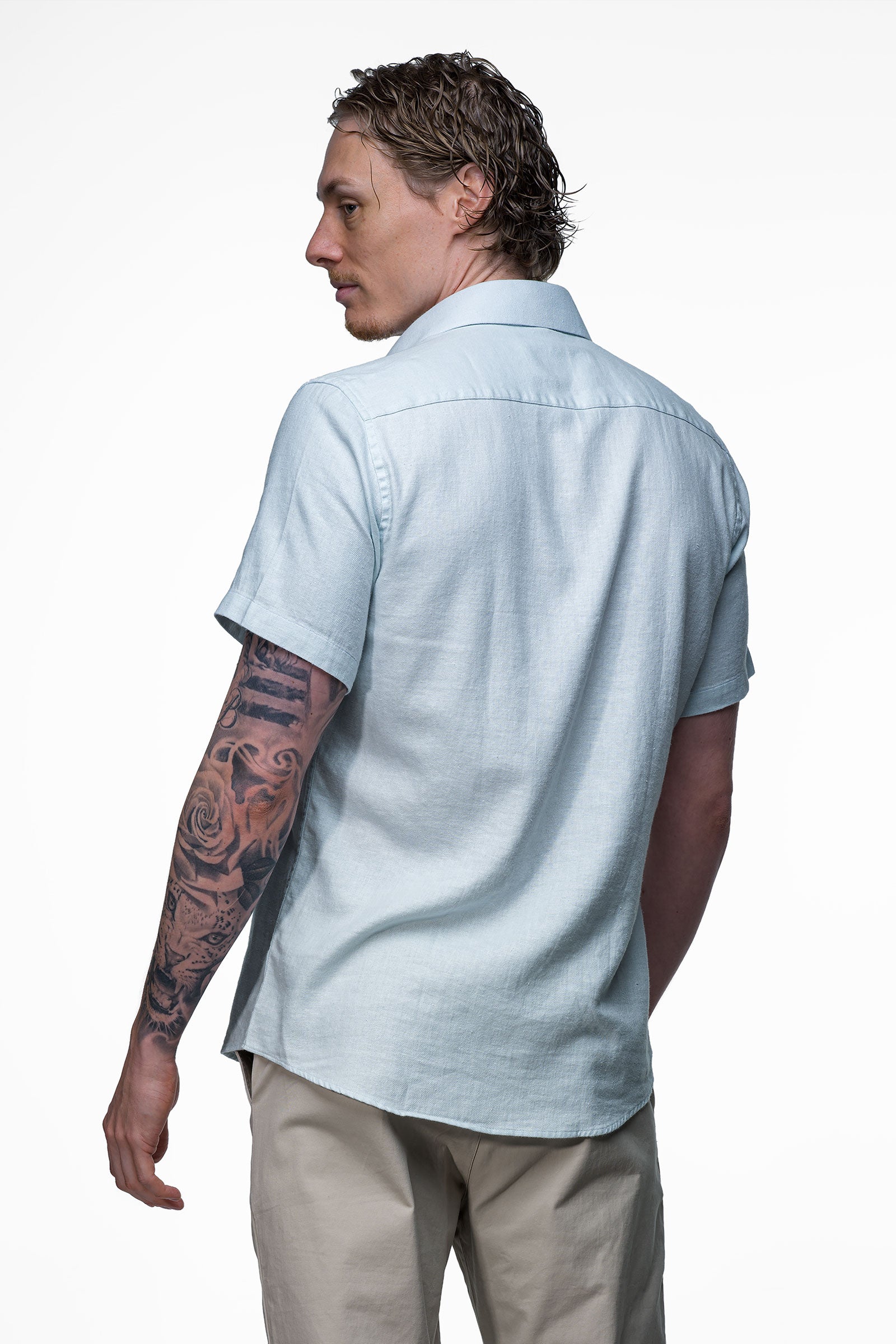 Vercate - Linnen Overhemd - Korte Mouwen - Slim Fit - Heren - Lichtblauw / Blauw
