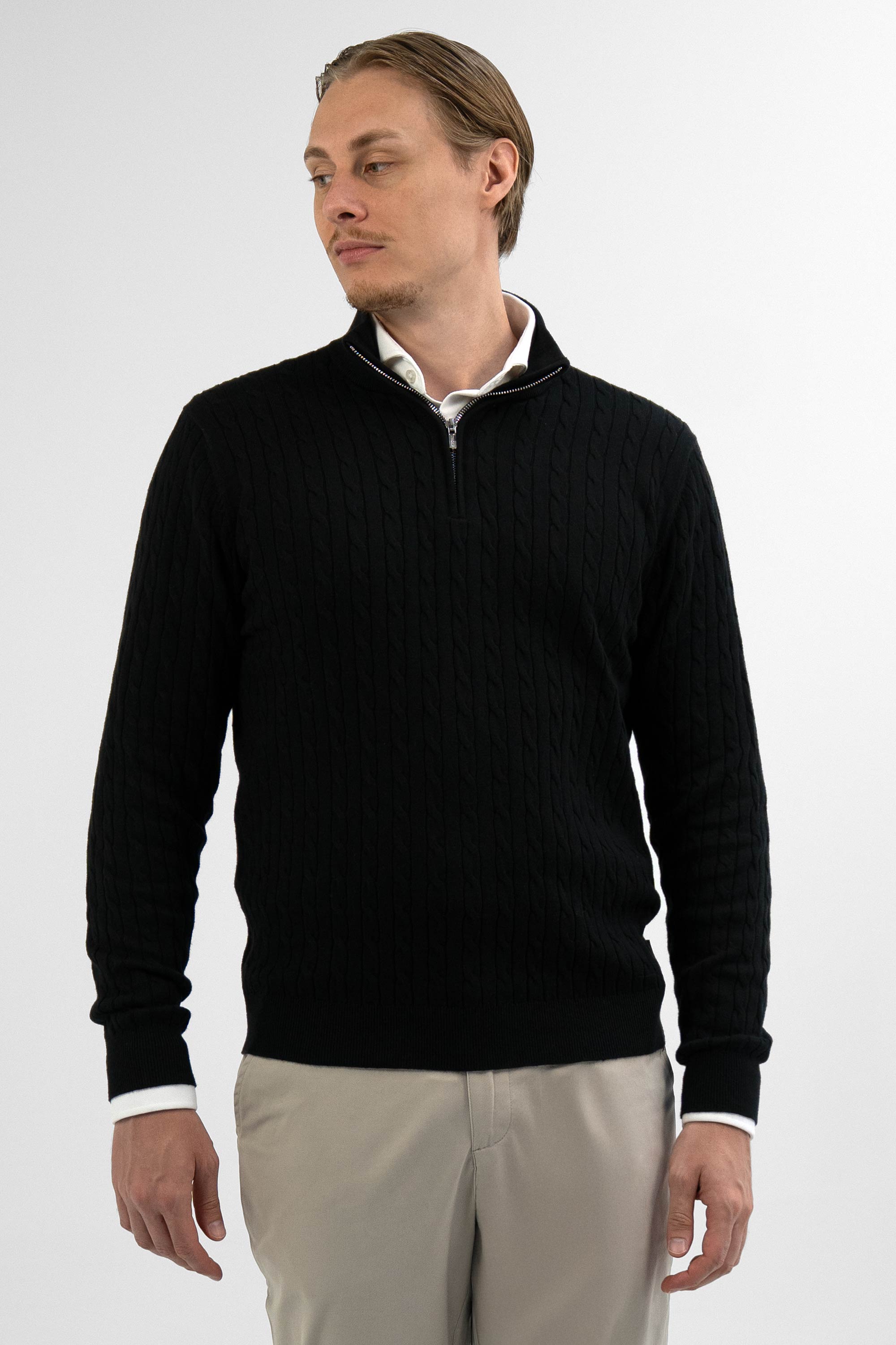 Vercate - Quarter Zip / Half Zip Trui - Cashmere / Kasjmier Blend - Kabeltrui / Pullover - Regular Fit - Zwart