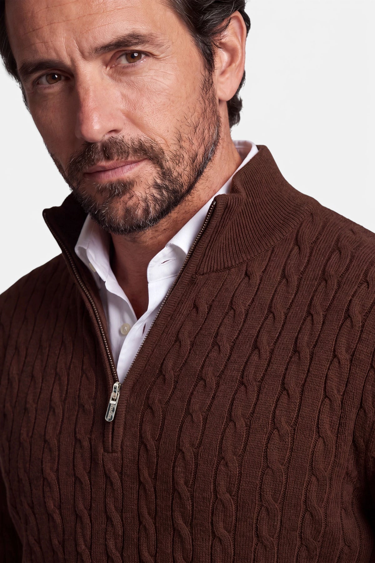Vercate - Quarter Zip / Half Zip Trui Heren - Cognac Bruin - Cashmere Blend - Kabeltrui / Pullover - Regular Fit