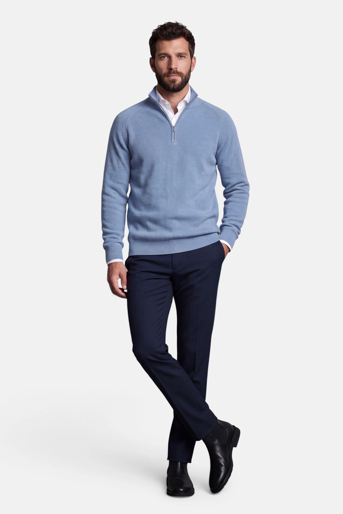 Vercate - Quarter Zip / Half Zip Trui Heren - Lichtblauw - Cashmere Blend - Ribpatroon - Regular Fit