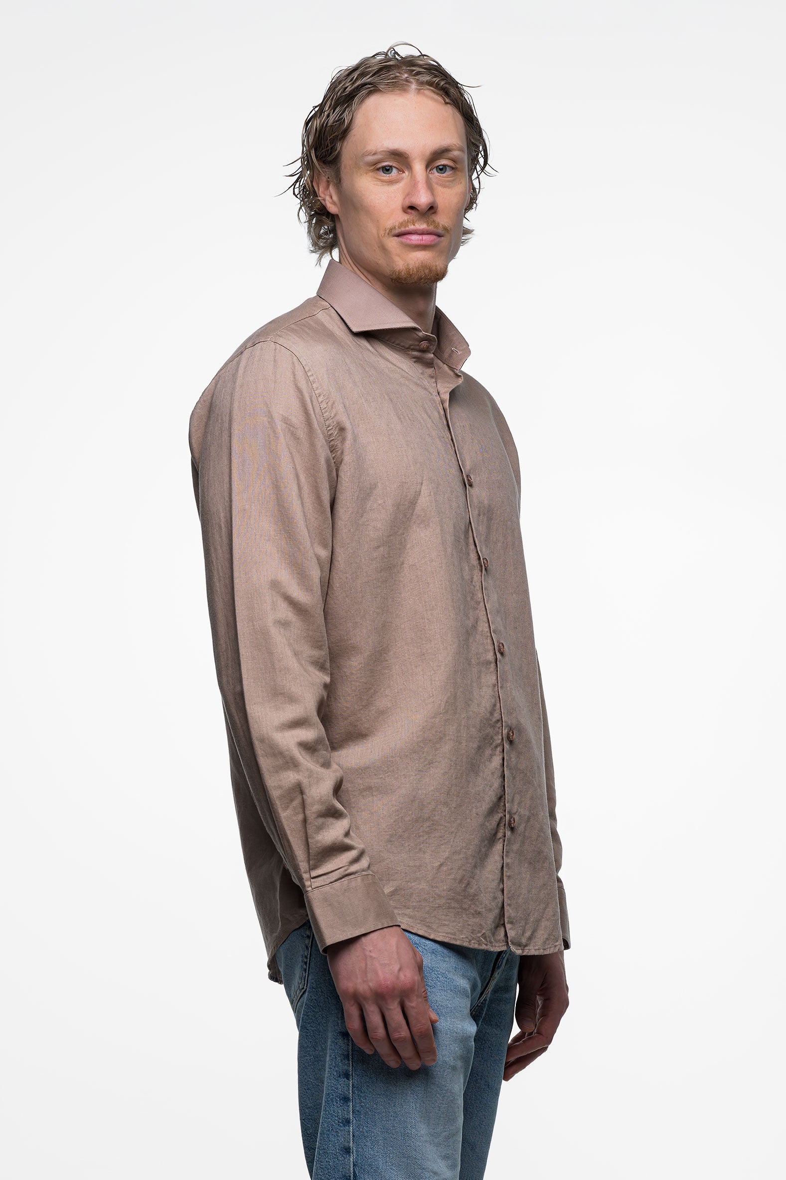 Vercate - Heren Lange Mouwen Overhemd - Bruin / Beige / Khaki - Slim-Fit - Linnen Katoen