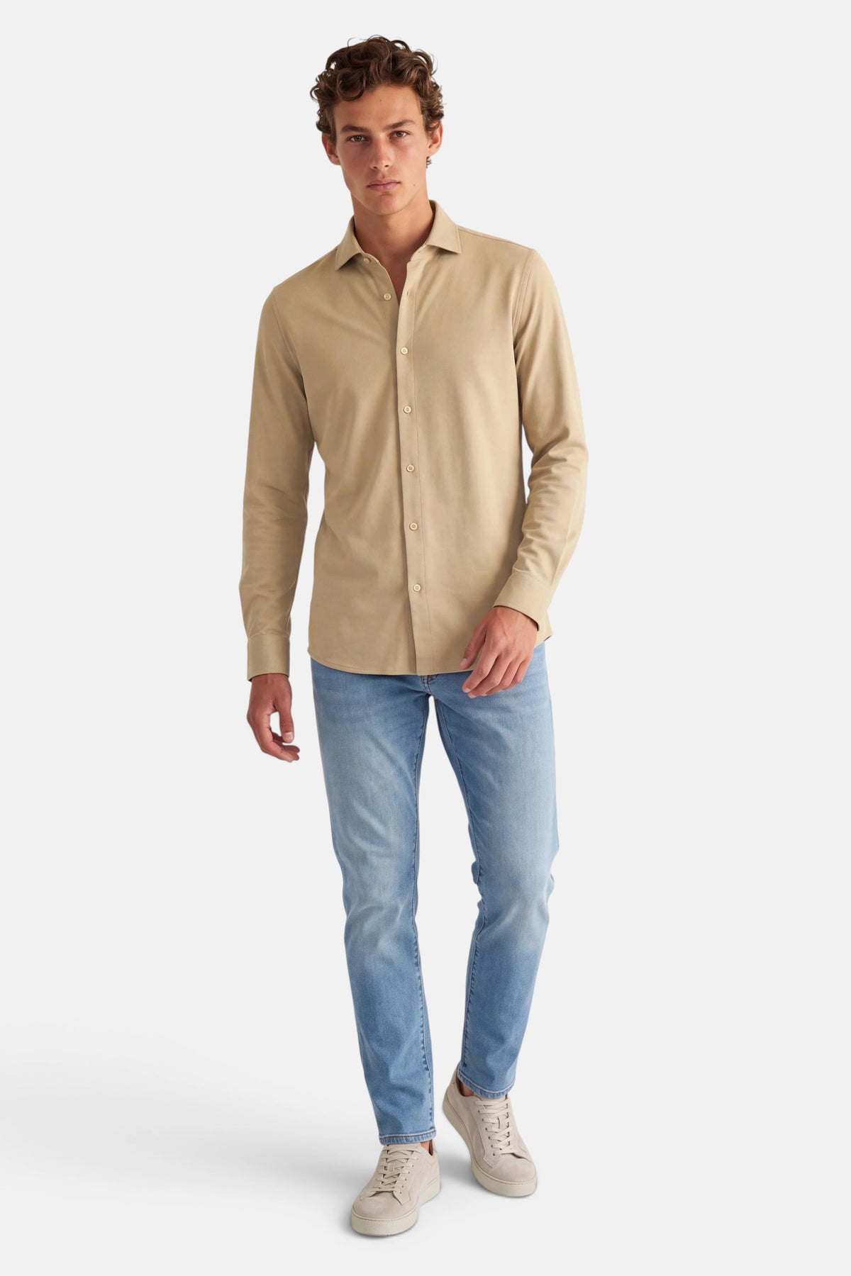 Vercate - Strijkvrij Overhemd - Japanese Knitted - Piqué Katoen - Beige / Lichtbruin - Slim Fit - Lange Mouw - Heren