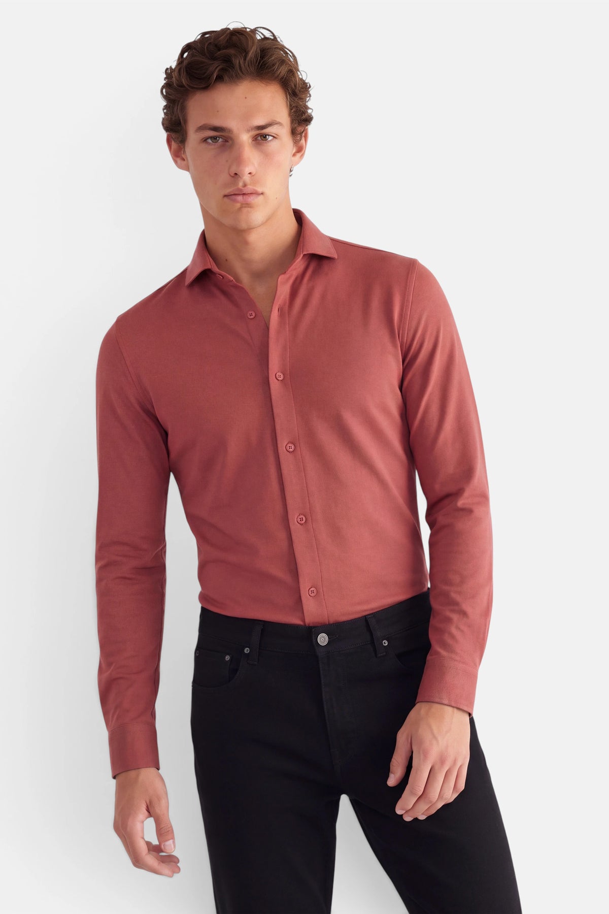 Vercate - Strijkvrij Overhemd - Japanese Knitted - Piqué Katoen - Rood - Slim Fit - Lange Mouw - Heren
