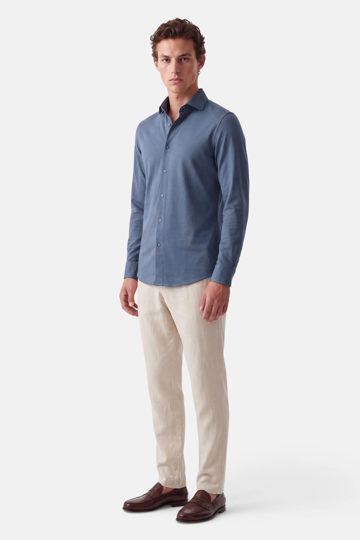 Vercate - Strijkvrij Overhemd - Japanese Knitted - Piqué Katoen - Blauw - Slim Fit - Lange Mouw - Heren