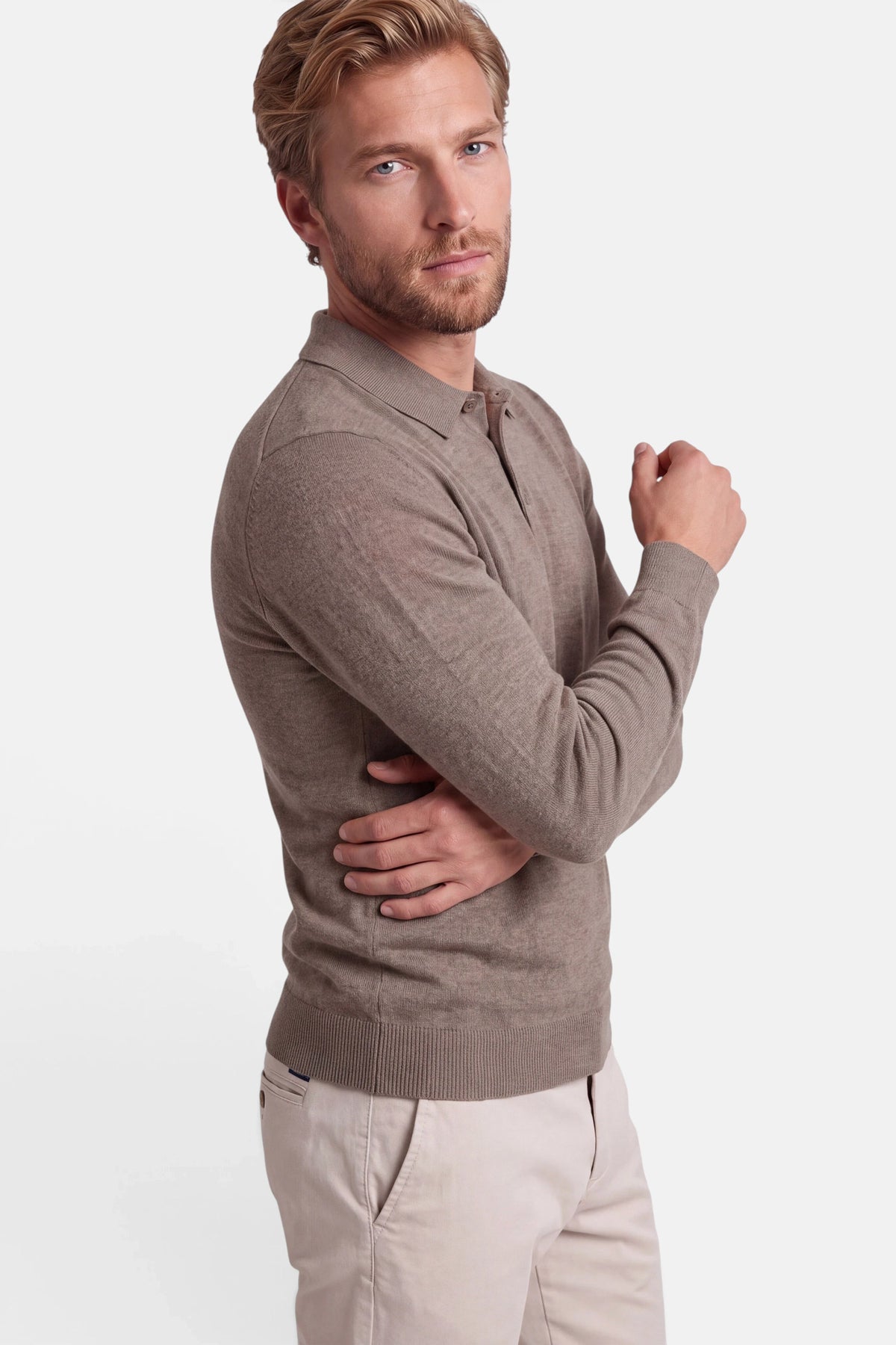 Vercate - Polo Shirt Heren Lange Mouw - Taupe / Bruin - Cashmere Blend - Regular Fit