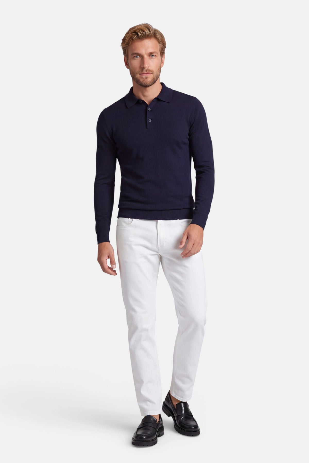 Vercate - Polo Shirt Heren Lange Mouw - Navy / Marine Blauw - Cashmere Blend - Regular Fit