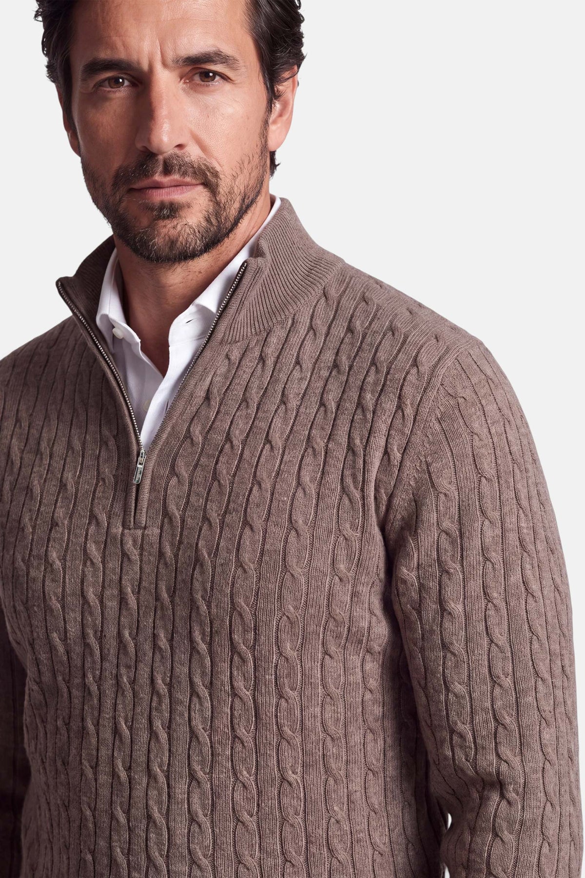 Vercate - Quarter Zip / Half Zip Trui Heren - Taupe / Bruin - Cashmere Blend - Kabeltrui / Pullover - Regular Fit