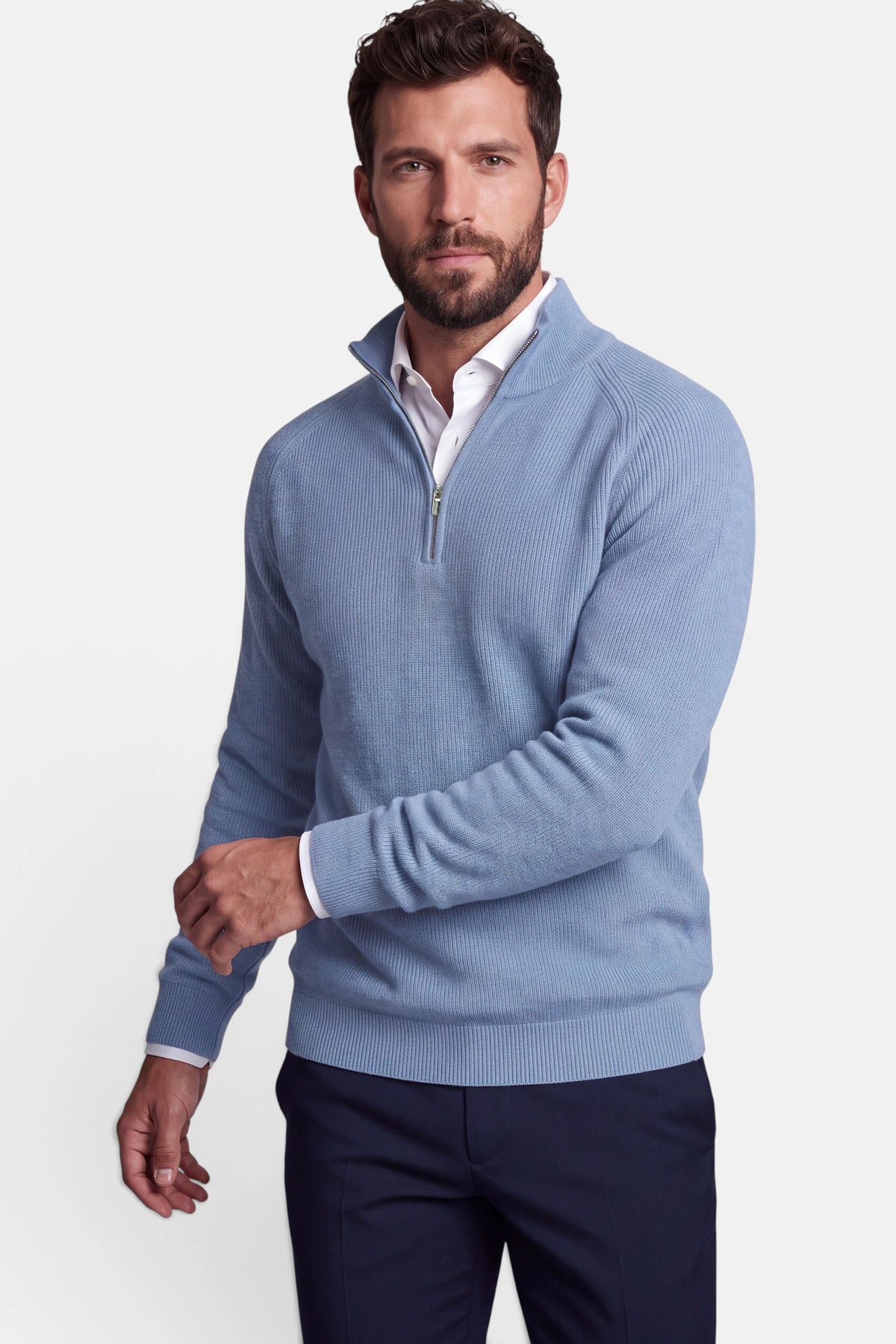 Vercate - Quarter Zip / Half Zip Trui Heren - Lichtblauw - Cashmere Blend - Ribpatroon - Regular Fit