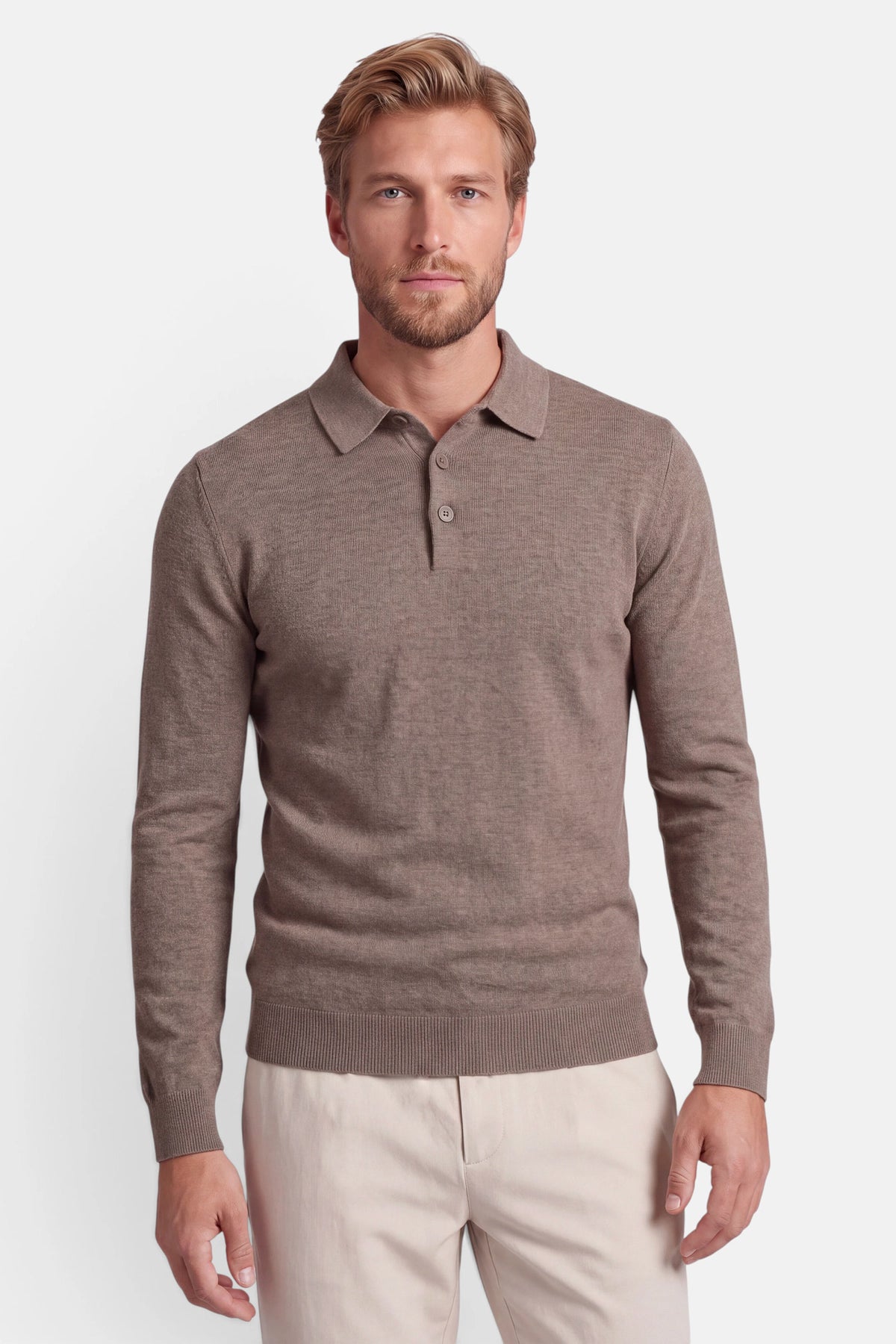 Vercate - Polo Shirt Heren Lange Mouw - Taupe / Bruin - Cashmere Blend - Regular Fit