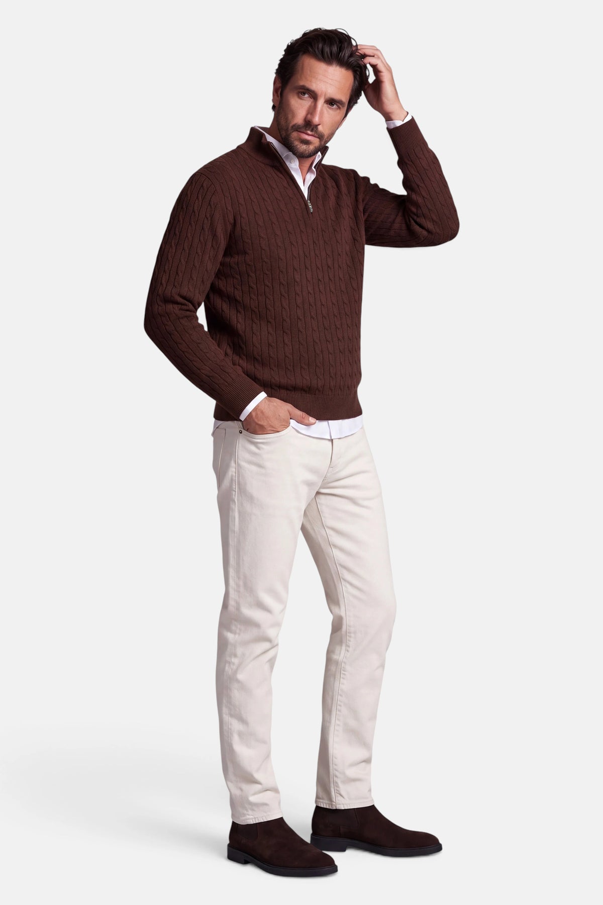 Vercate - Quarter Zip / Half Zip Trui Heren - Cognac Bruin - Cashmere Blend - Kabeltrui / Pullover - Regular Fit