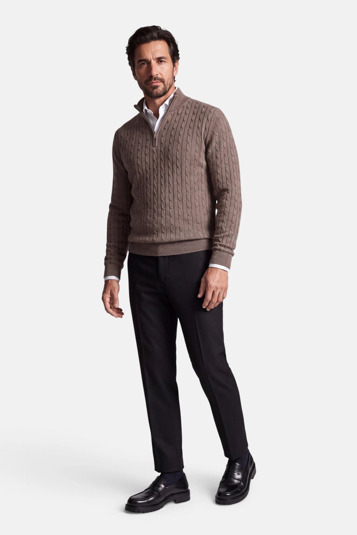 Vercate - Quarter Zip / Half Zip Trui Heren - Taupe / Bruin - Cashmere Blend - Kabeltrui / Pullover - Regular Fit