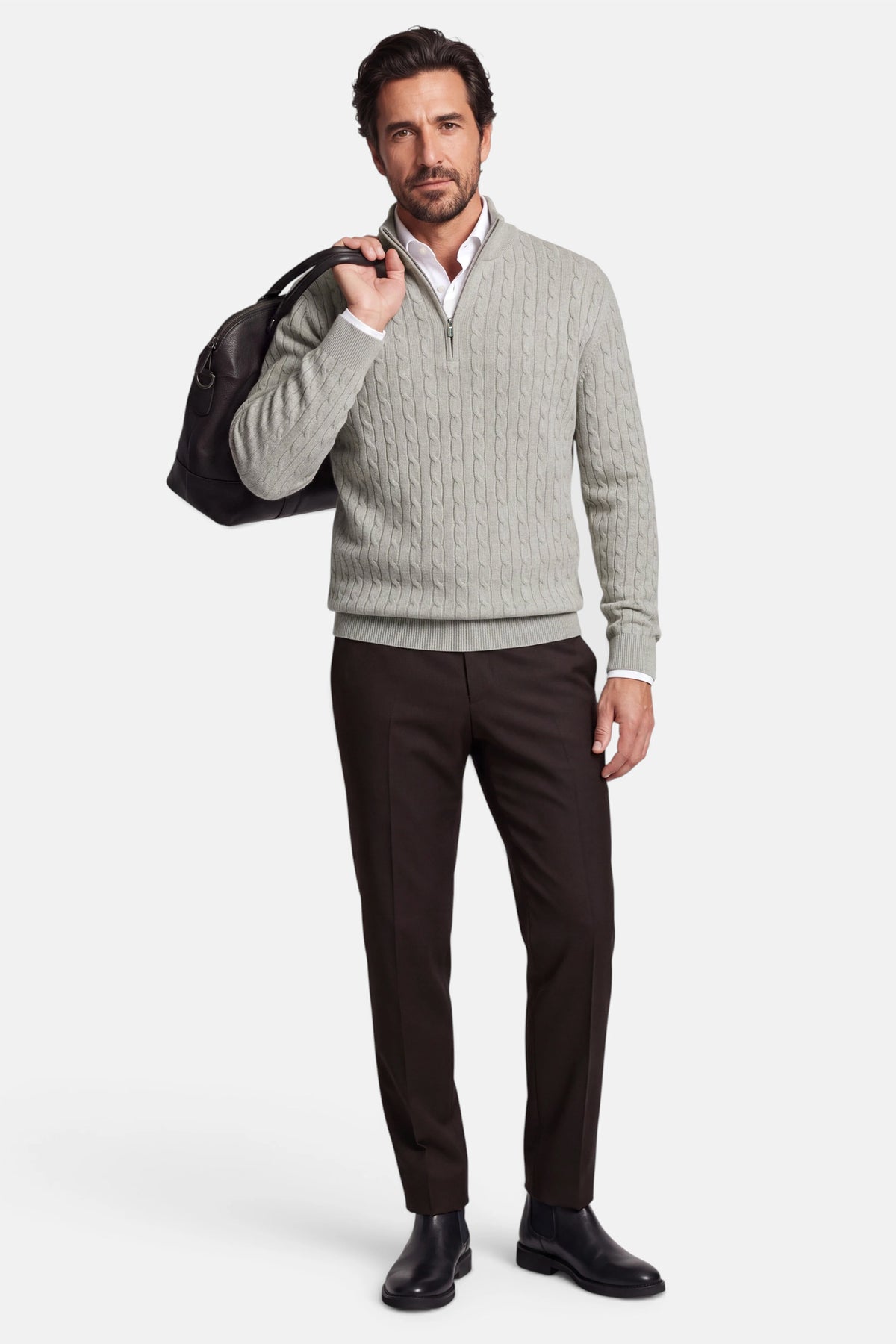 Vercate - Quarter Zip / Half Zip Trui Heren - Greige / Grijsbeige - Cashmere Blend - Kabeltrui / Pullover - Regular Fit