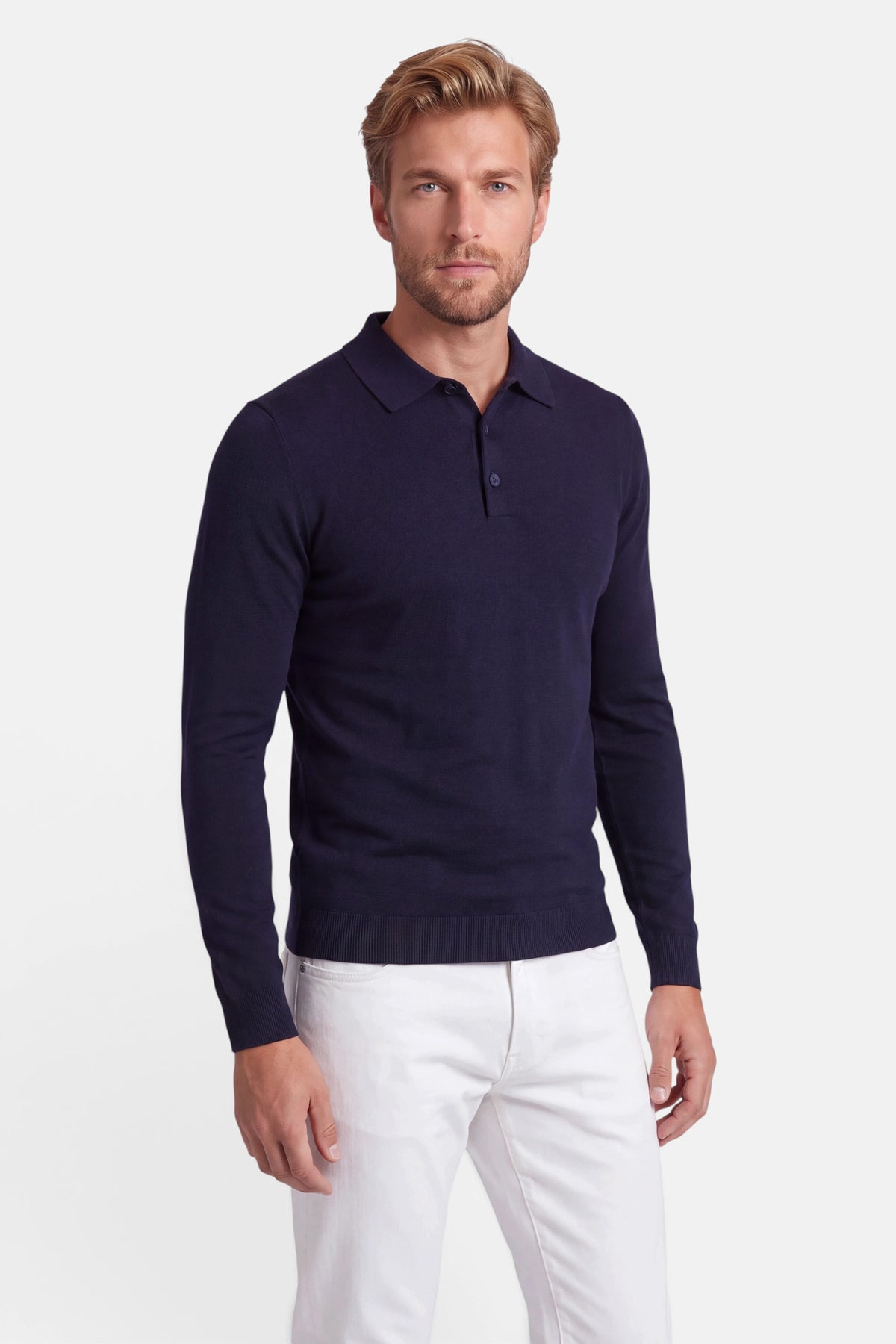 Vercate - Polo Shirt Heren Lange Mouw - Navy / Marine Blauw - Cashmere Blend - Regular Fit