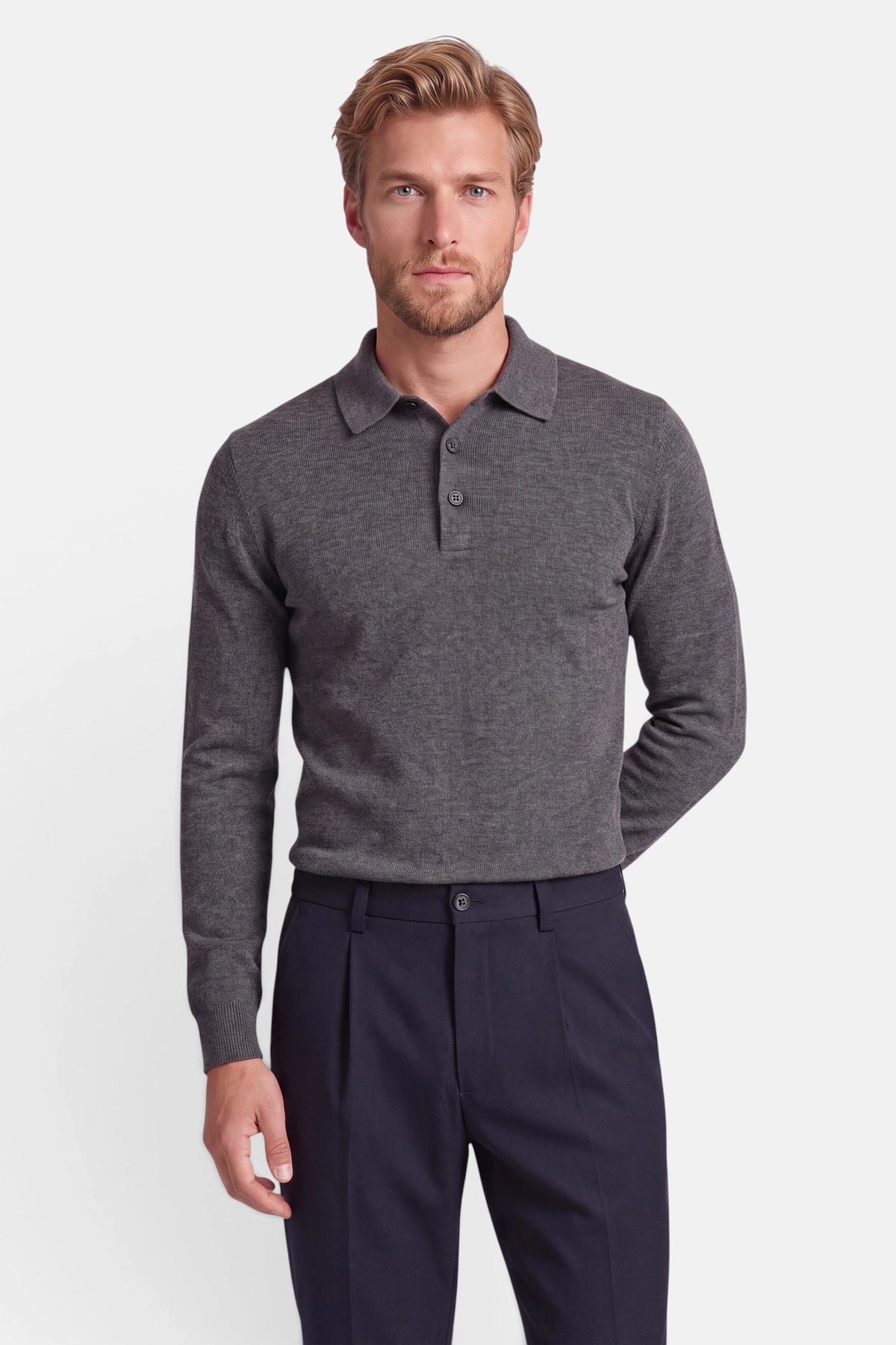 Vercate - Polo Shirt Heren Lange Mouw - Donkergrijs - Cashmere Blend - Regular Fit