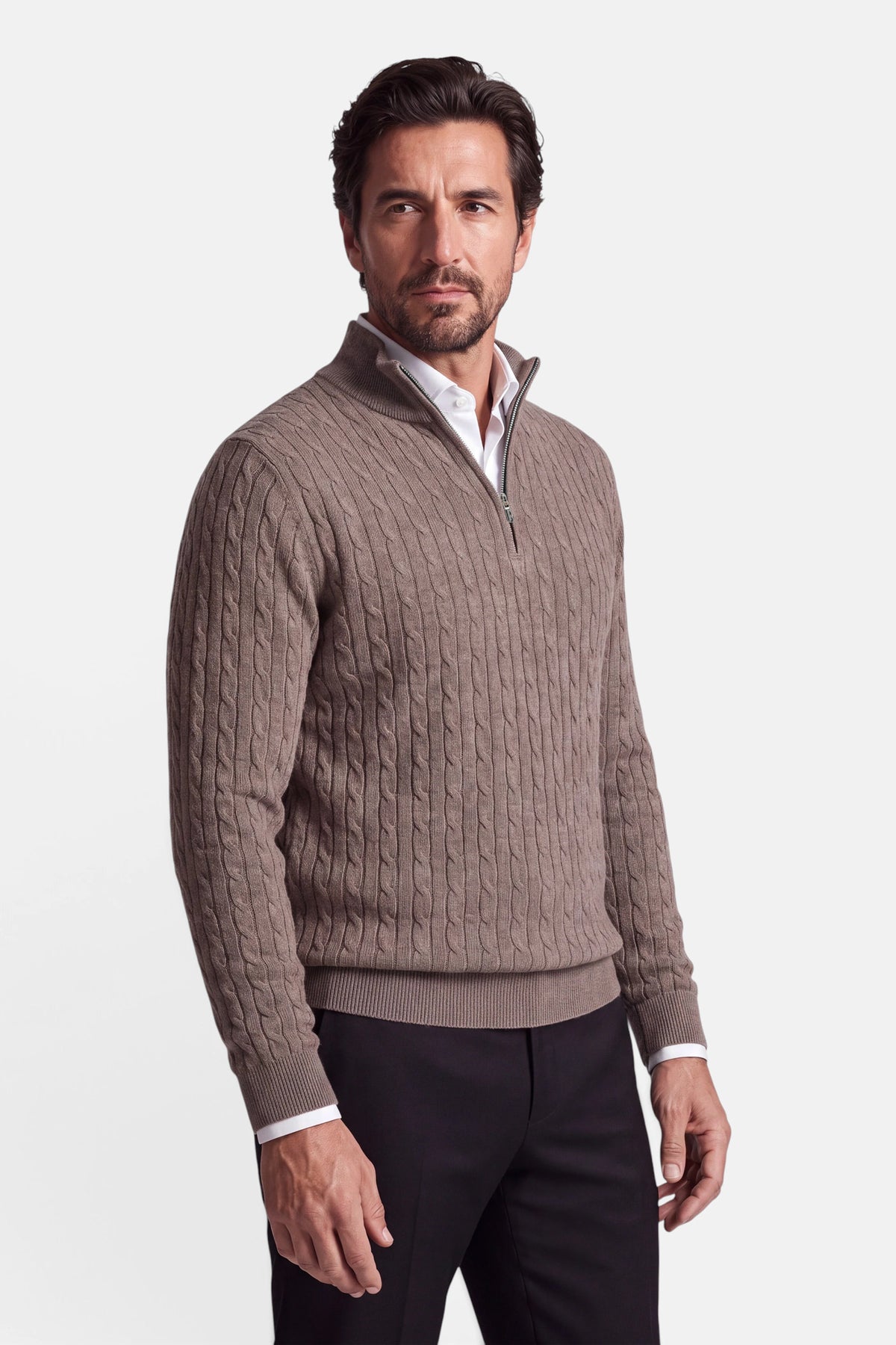 Vercate - Quarter Zip / Half Zip Trui Heren - Taupe / Bruin - Cashmere Blend - Kabeltrui / Pullover - Regular Fit