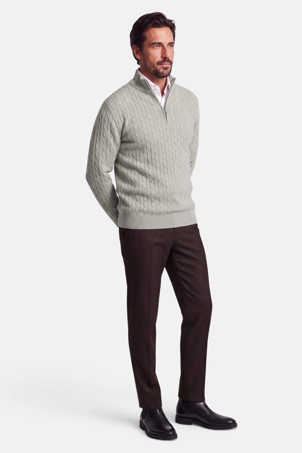 Vercate - Quarter Zip / Half Zip Trui Heren - Greige / Grijsbeige - Cashmere Blend - Kabeltrui / Pullover - Regular Fit