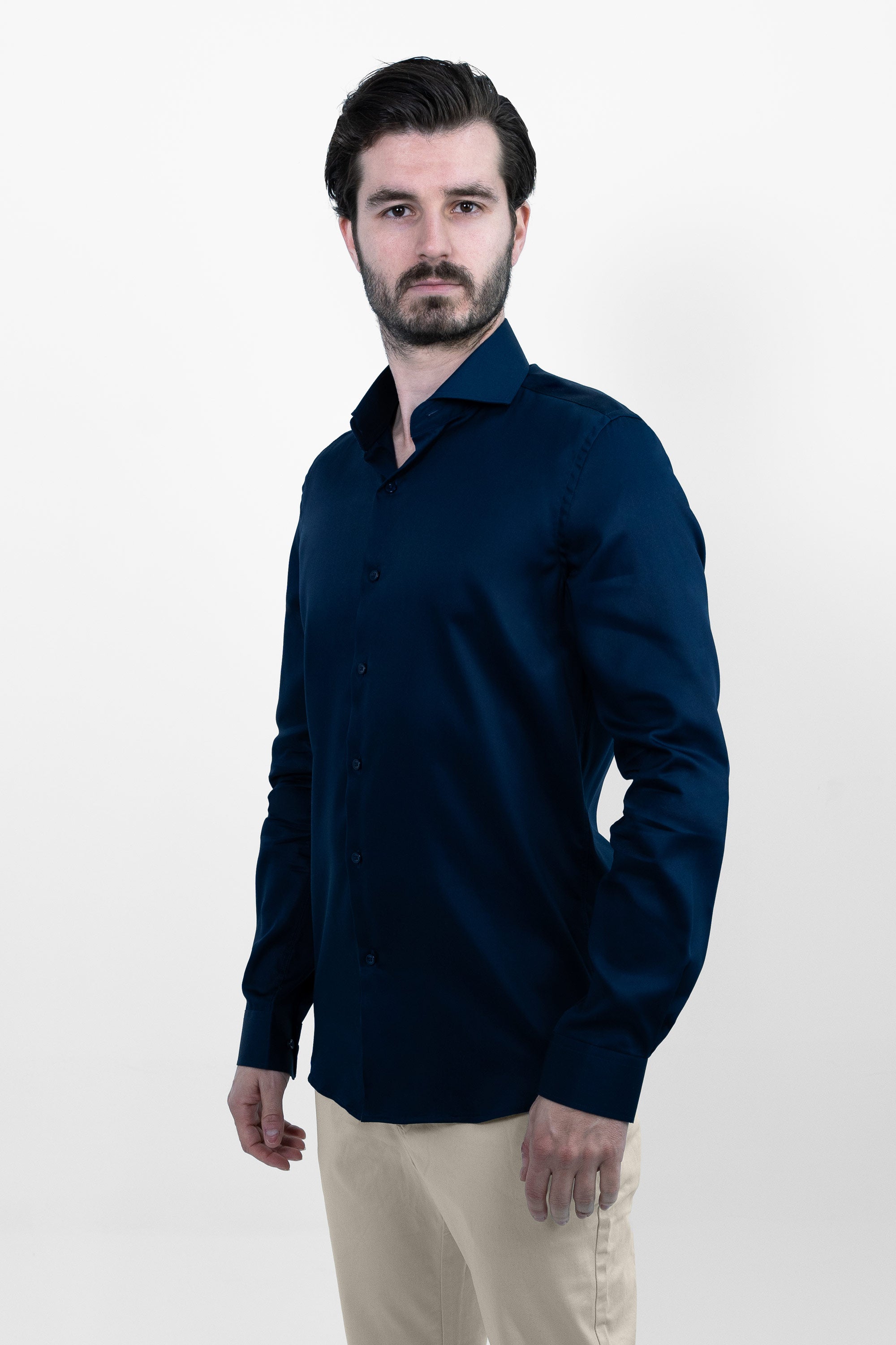 Vercate - Strijkvrij Overhemd - Navy - Marine Blauw - Slim Fit - Katoen Satijn - Lange Mouw - Heren