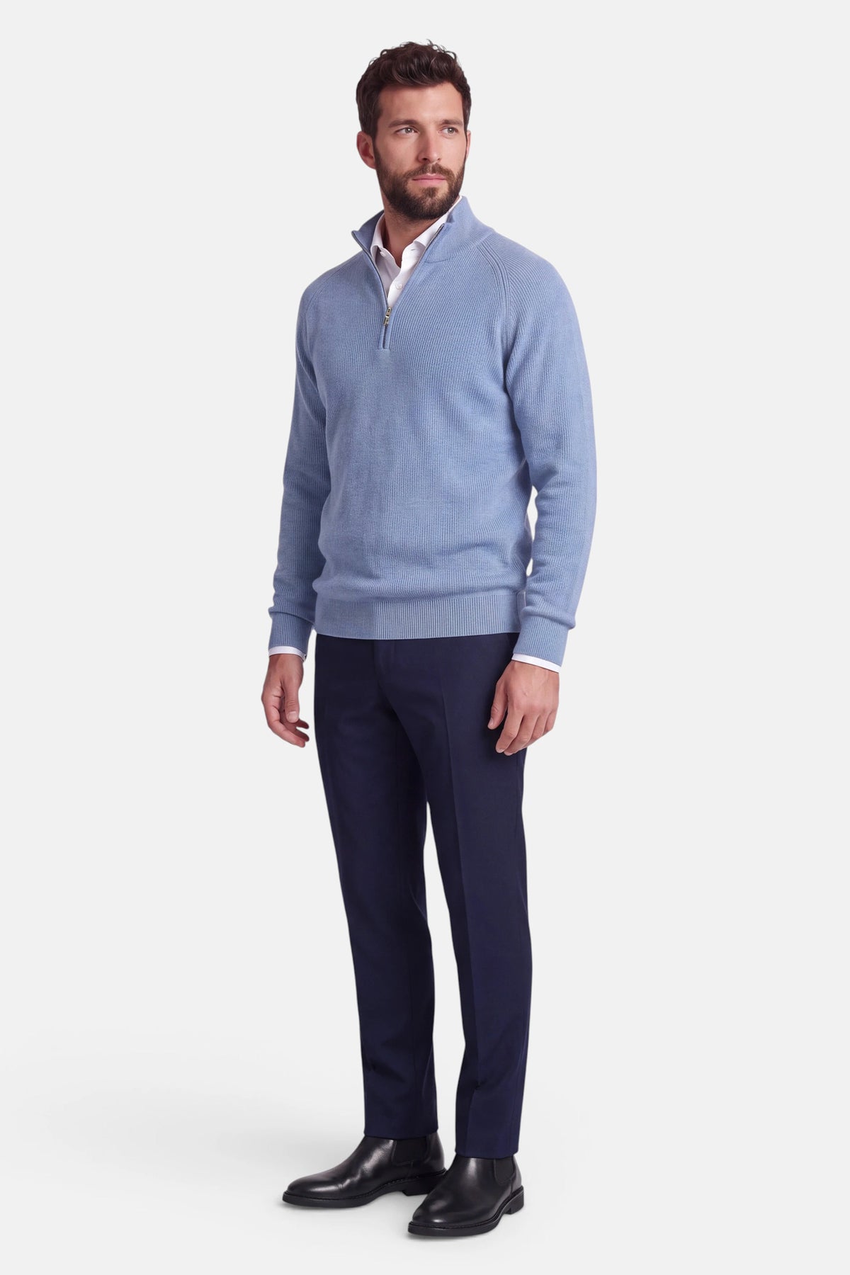 Vercate - Quarter Zip / Half Zip Trui Heren - Lichtblauw - Cashmere Blend - Ribpatroon - Regular Fit