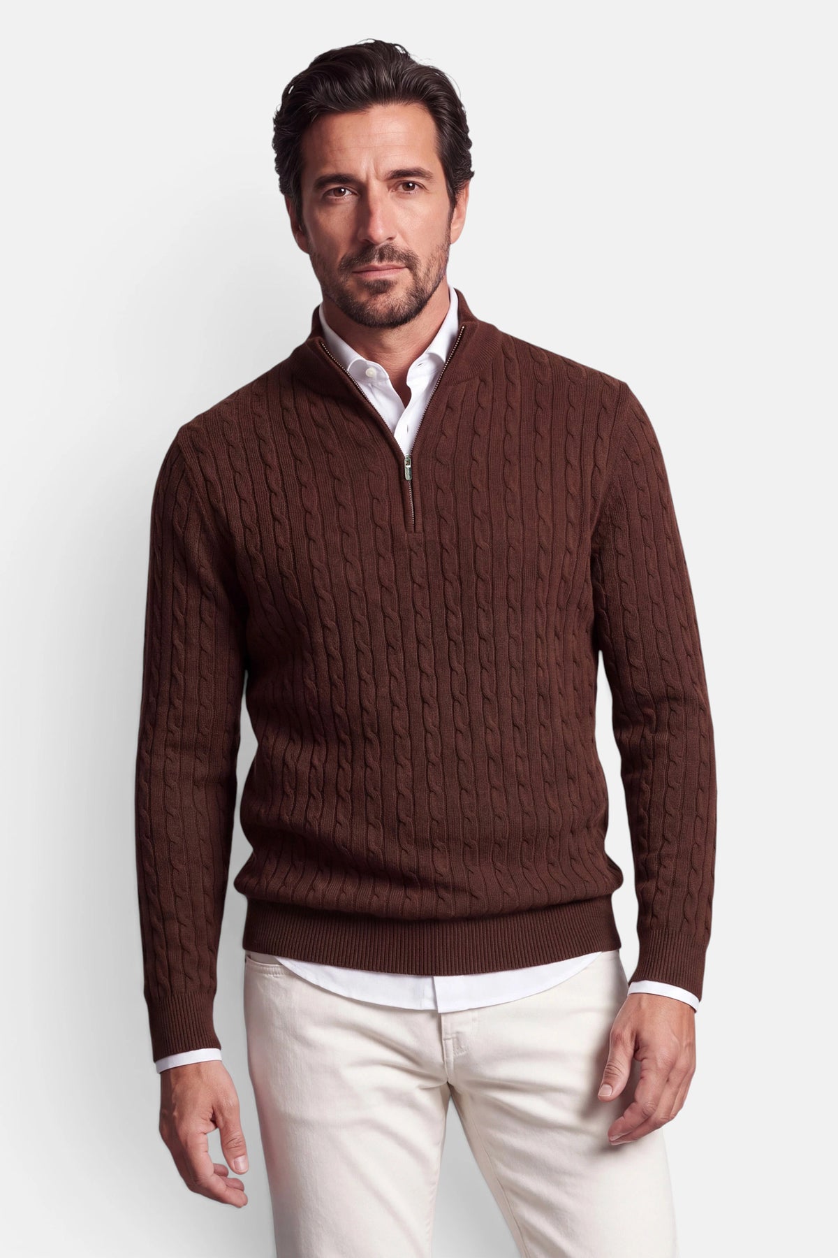 Vercate - Quarter Zip / Half Zip Trui Heren - Cognac Bruin - Cashmere Blend - Kabeltrui / Pullover - Regular Fit