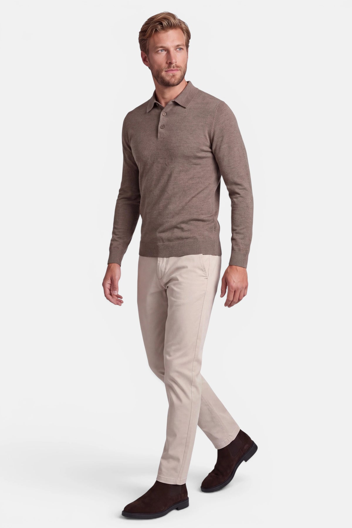 Vercate - Polo Shirt Heren Lange Mouw - Taupe / Bruin - Cashmere Blend - Regular Fit