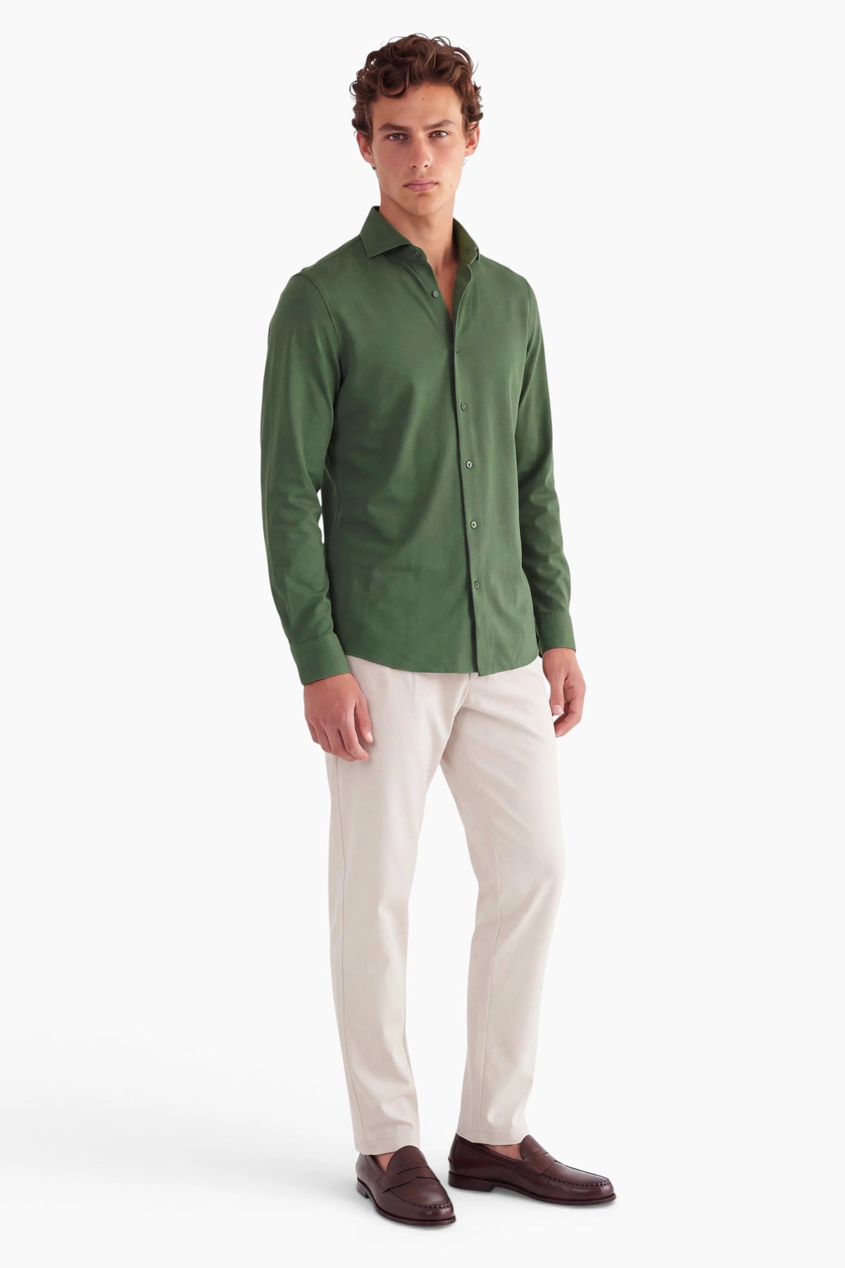 Vercate - Strijkvrij Overhemd - Japanese Knitted - Piqué Katoen - Groen - Slim Fit - Lange Mouw - Heren