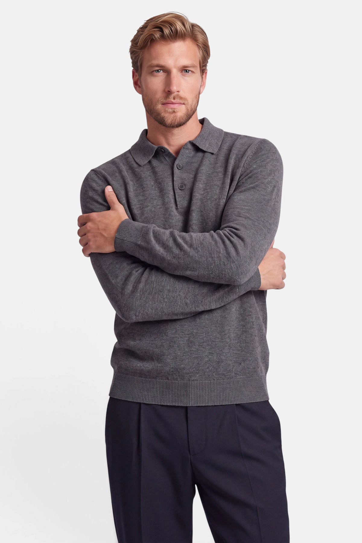 Vercate - Polo Shirt Heren Lange Mouw - Donkergrijs - Cashmere Blend - Regular Fit