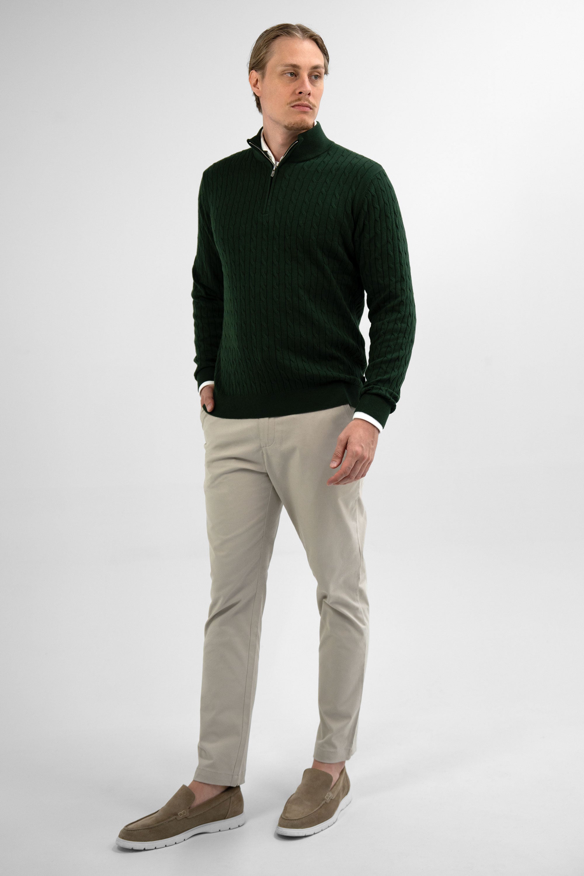 Vercate - Quarter Zip / Half Zip Trui - Cashmere / Kasjmier Blend - Kabeltrui / Pullover - Regular Fit - Donkergroen