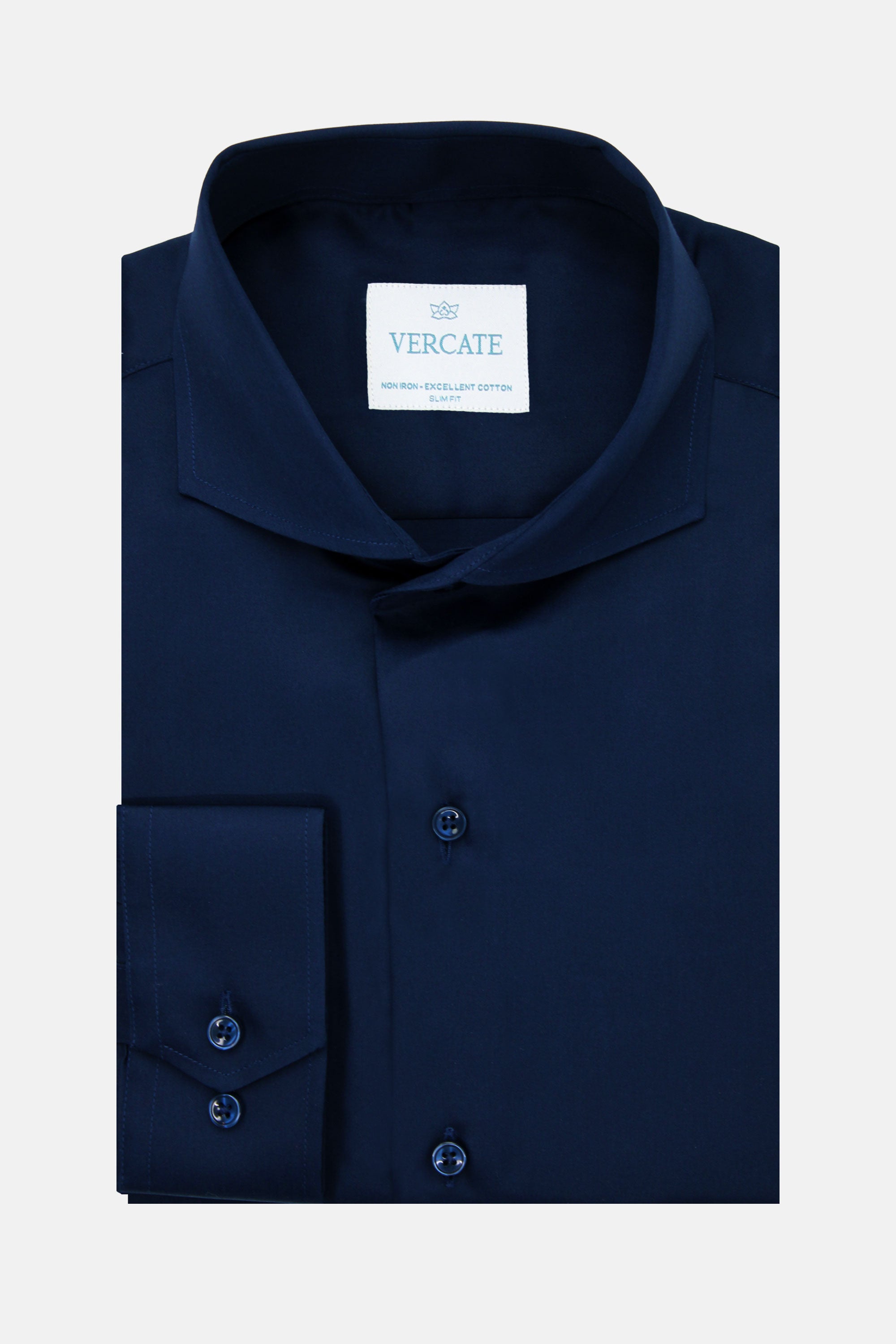 Vercate - Strijkvrij Overhemd - Navy - Marine Blauw - Slim Fit - Katoen Satijn - Lange Mouw - Heren