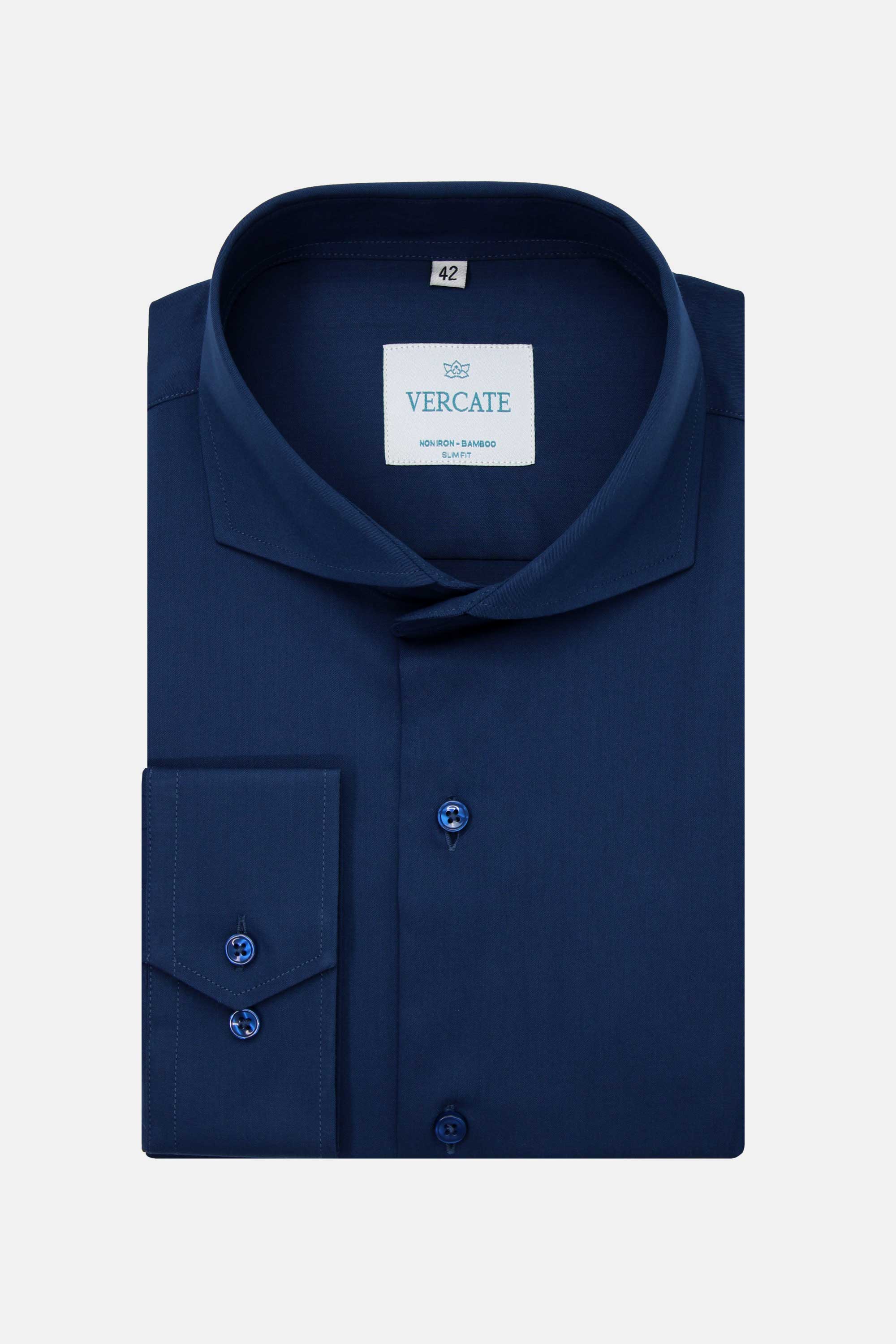 Vercate - Strijkvrij Overhemd - Navy - Marine Blauw - Slim Fit - Bamboe Katoen - Lange Mouw - Heren - Maat 37 38 39 40 41 42 43 44 S M L XL XXL 